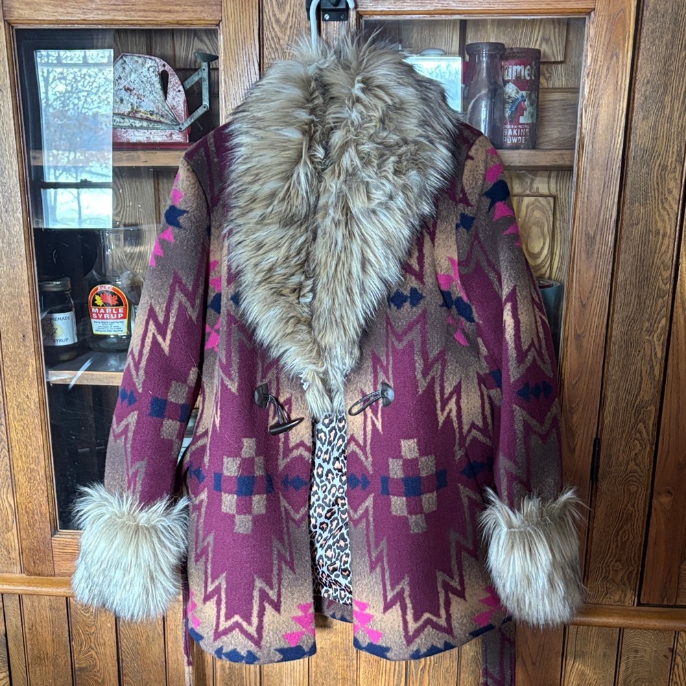 Tasha Polizzi Southwestern Teddy Coat in Purple and Tan with Faux Fur Trim